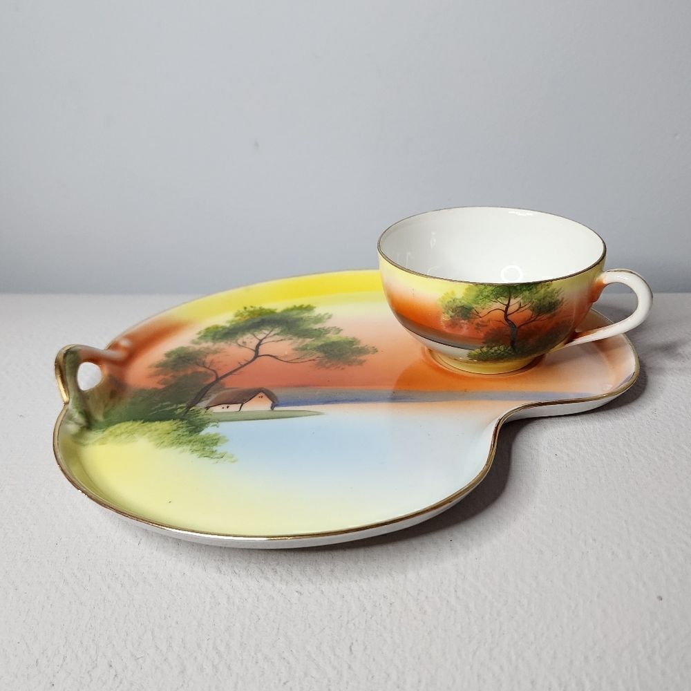 Noritake Lunch Snack Plate Tea Cup Hand painted Morimura Green Mark Japan